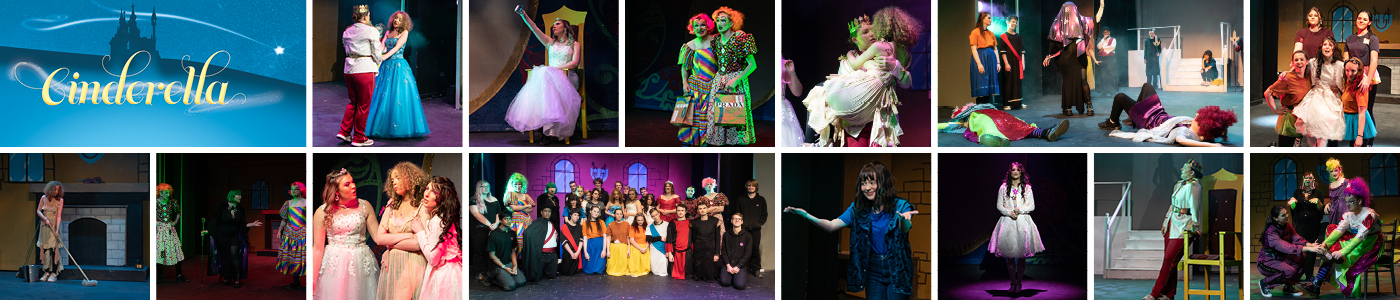 Collage of images from the show. Including Cinderella mopping the floor, the ugly sisters with designer shopping bags, Cinderella dancing with the prince and the ugly sisters trying on the shoe